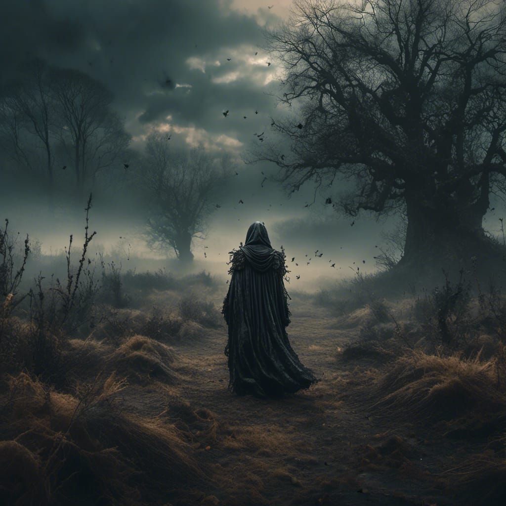 Eerie Hooded Angel in Decaying Field