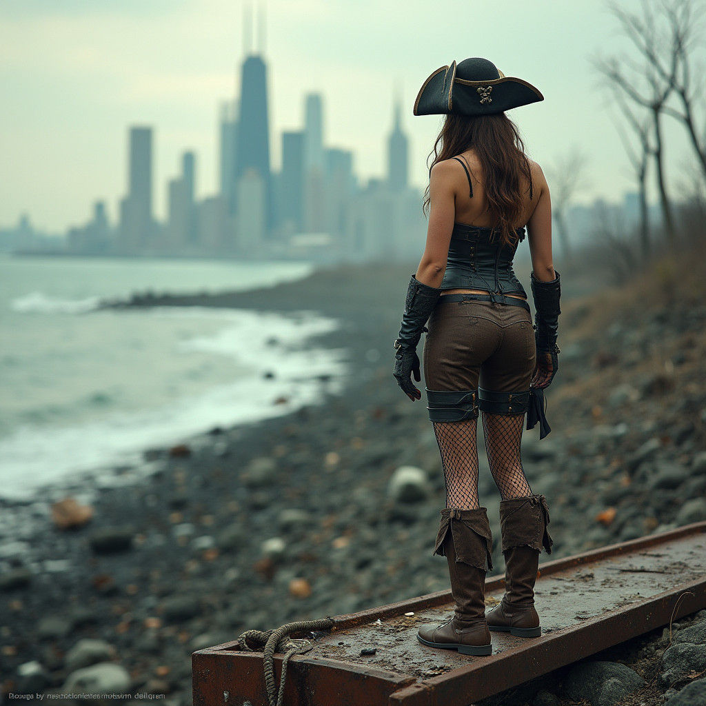 Post-Apocalyptic Pirate Woman in Dystopian Landscape