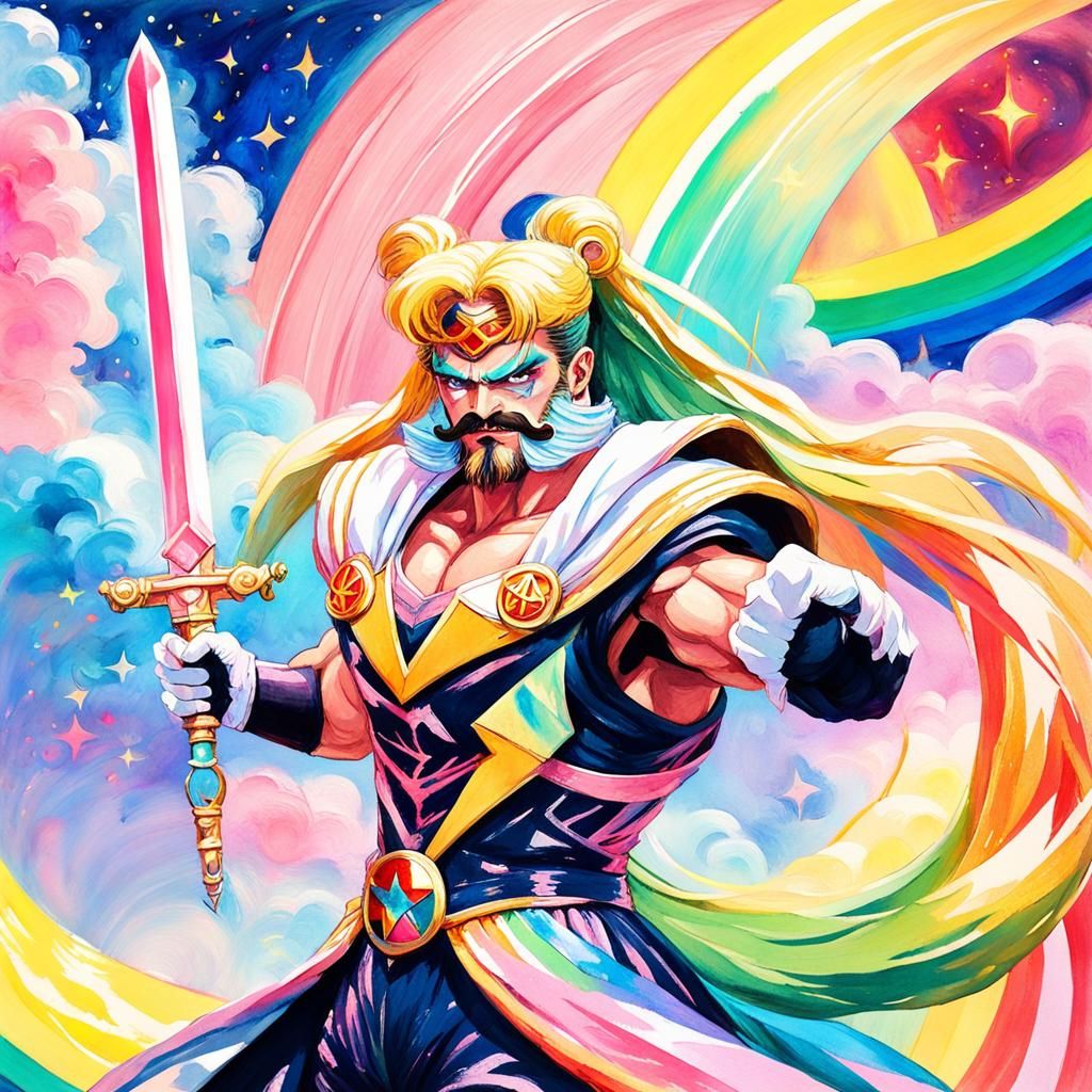 Moustached Man in Sailor Moon Outfit, Gouache Style