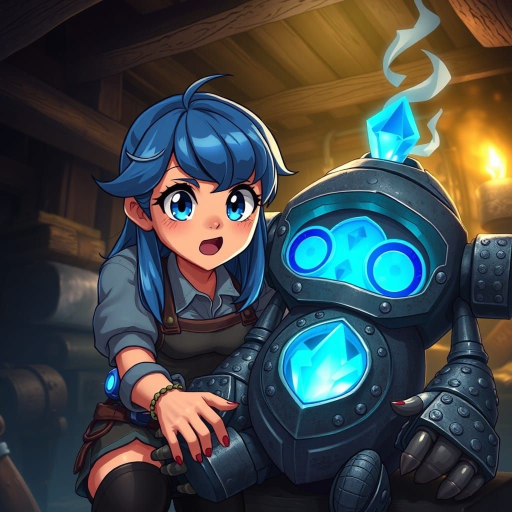 Blacksmith Woman and Golem in Anime Style