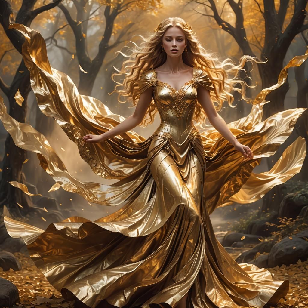 Golden Woman in Flowing Dress, Ethereal Lighting