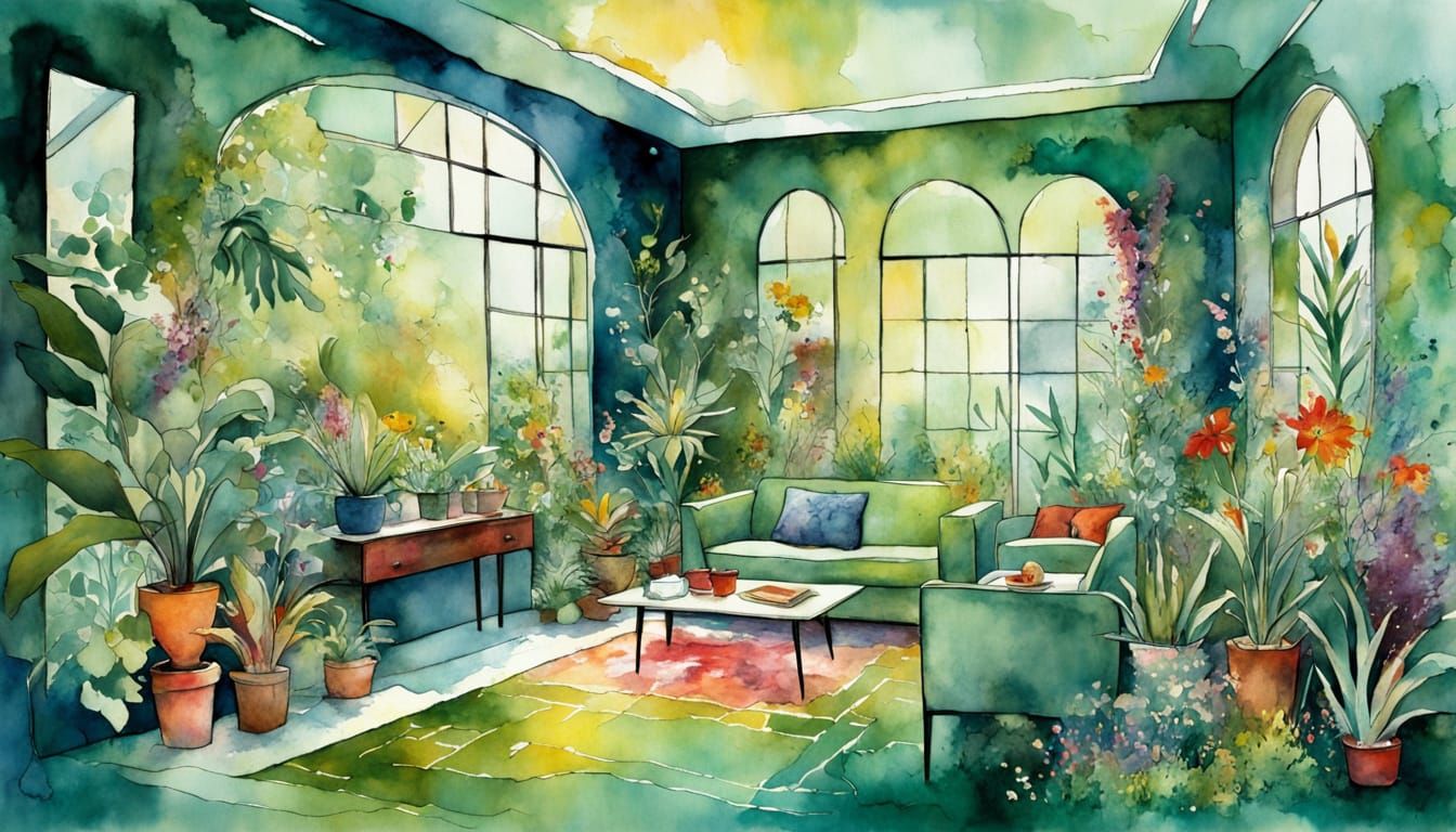 Green Plant Wall in Watercolor and Alcohol Ink