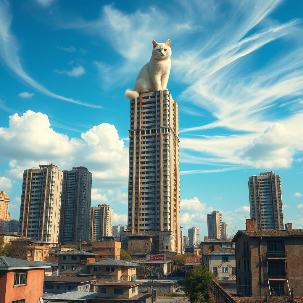Soviet Skyscraper Topped by Giant Cat: 3D Render