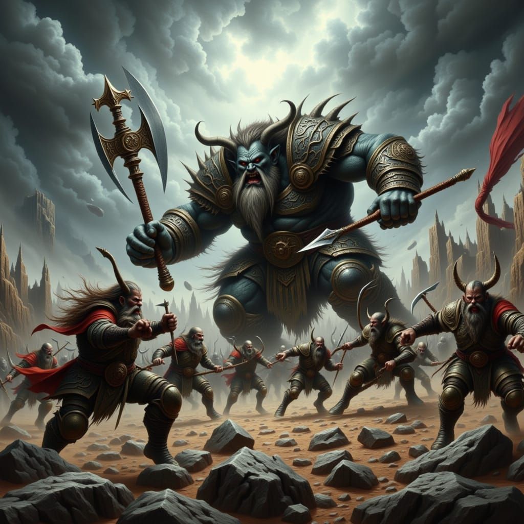 Elves and Dwarves Attack Giant Orc in Epic Fantasy Battle