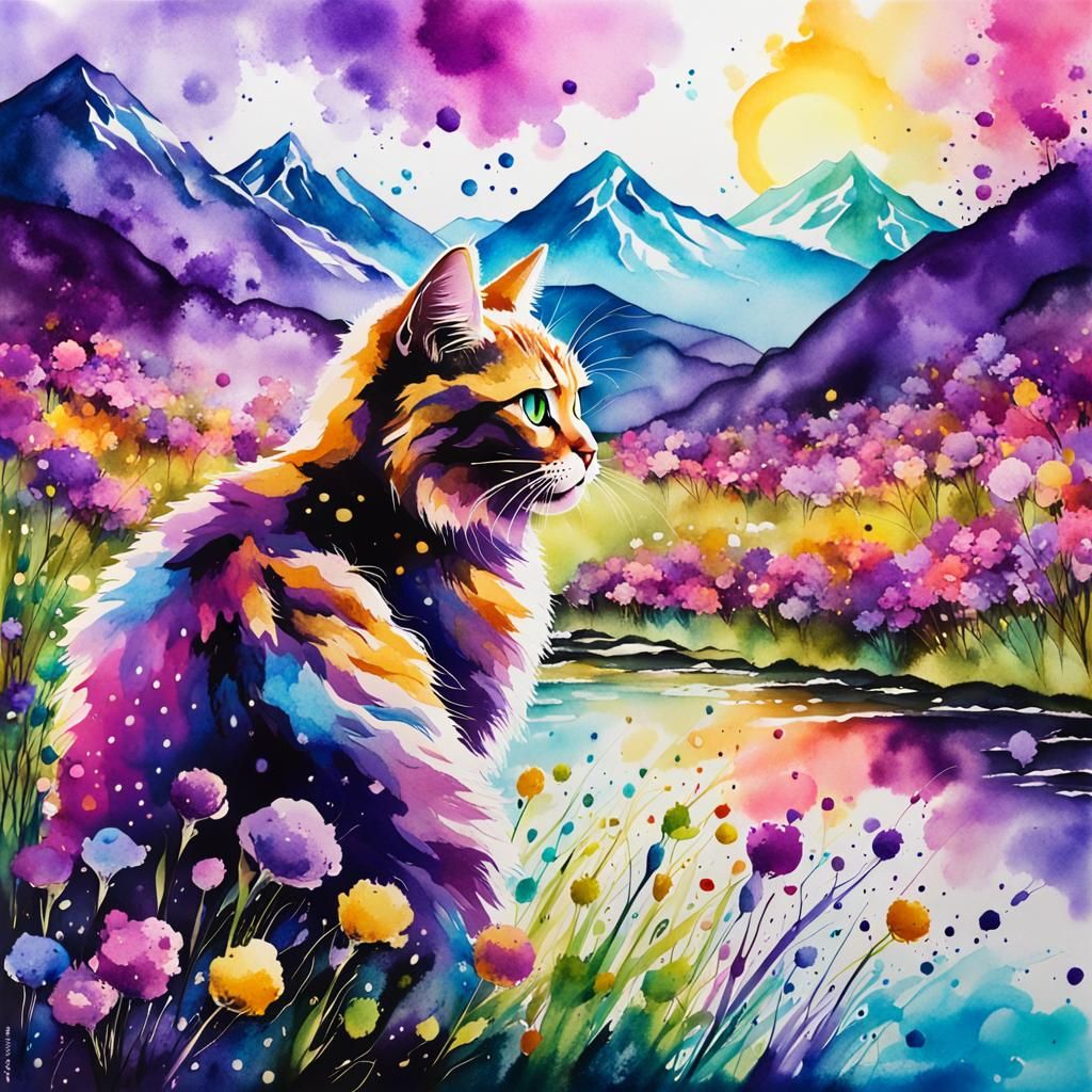 Colorful Ink Spatter Landscape with Cat