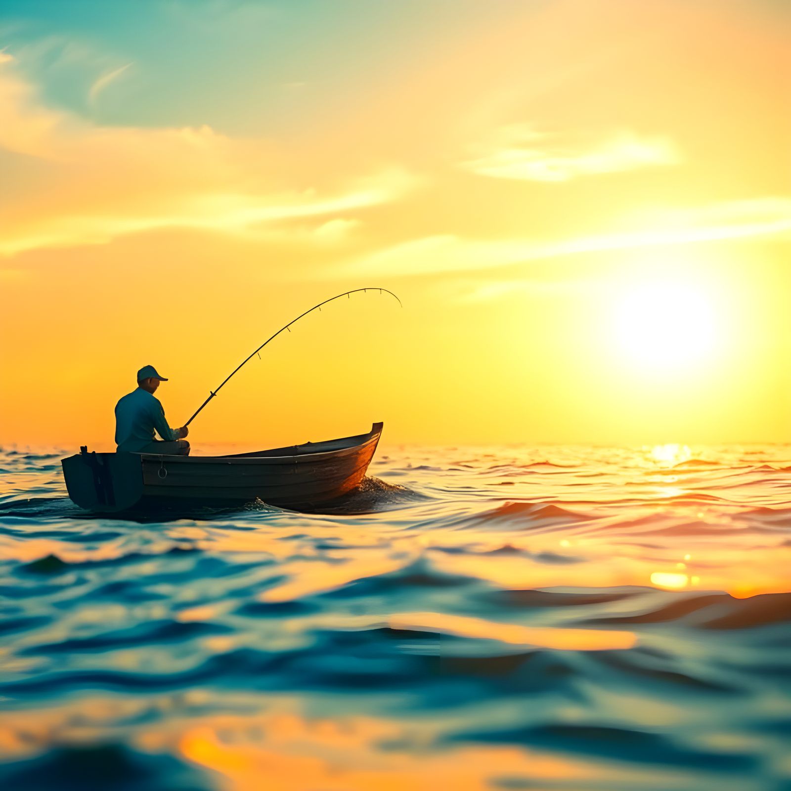 Fisherman Casting Rod at Golden Hour Ocean