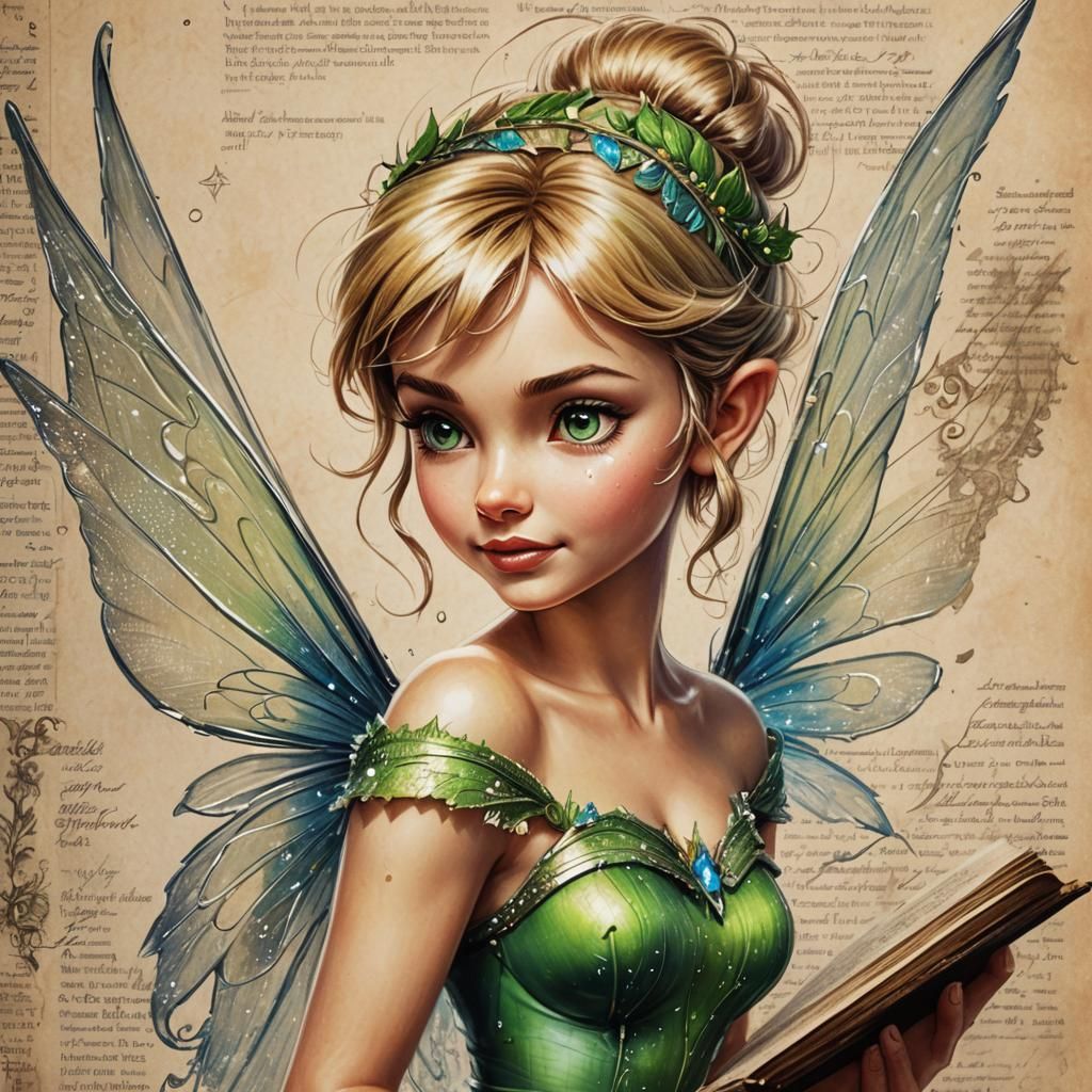 Detailed Pencil Drawing of Tinkerbell on Magic Book