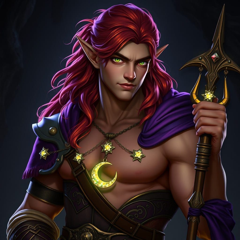 Majestic Wood Elf Druid with Radiant Eyes and Star-Adorned Q...