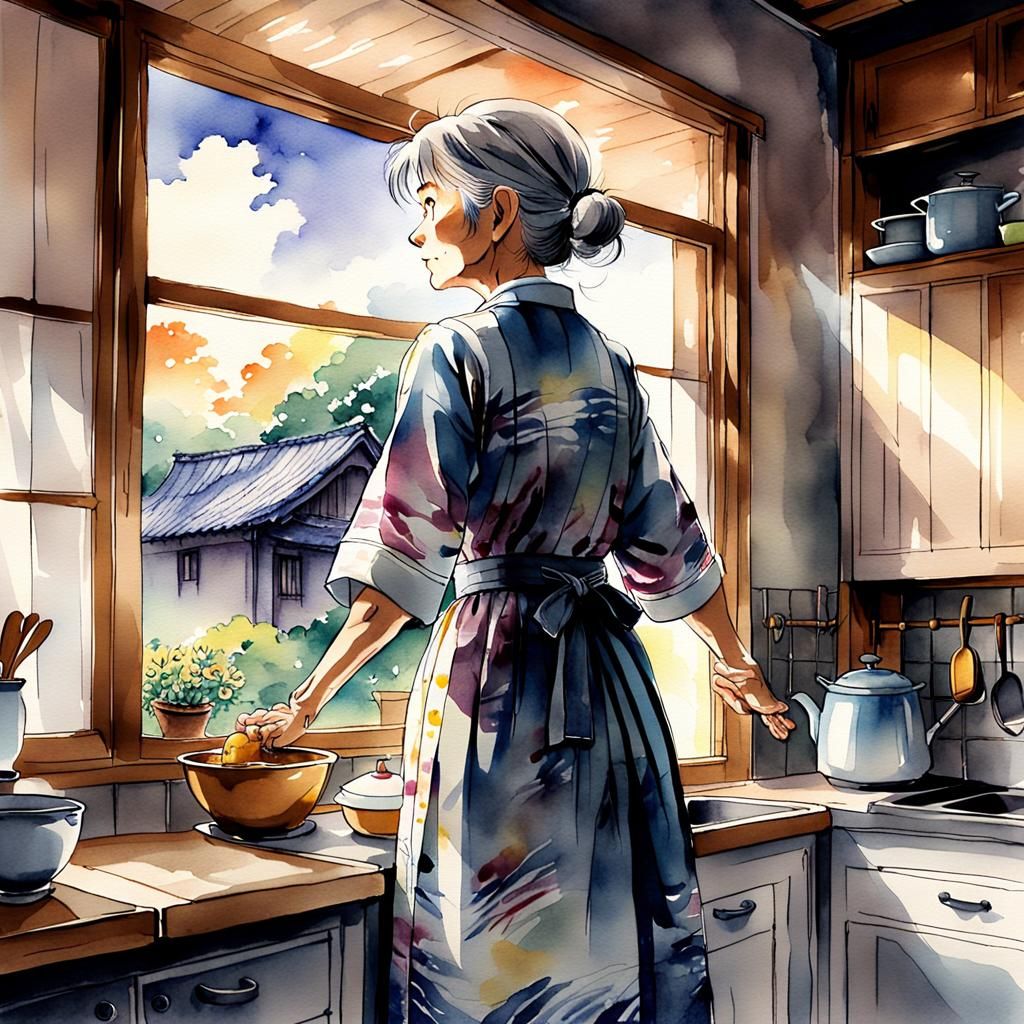 Anime Watercolour: Older Woman in Kitchen Window