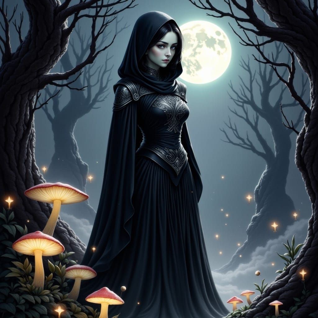 Moonlit Dark Shaman Priestess in Fantasy Style