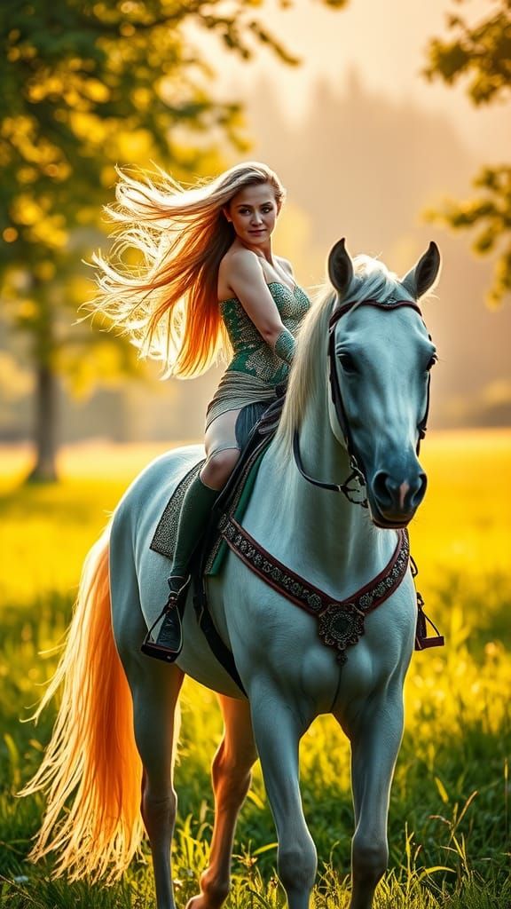 Woman Rides Horse Through Sunlit Meadow