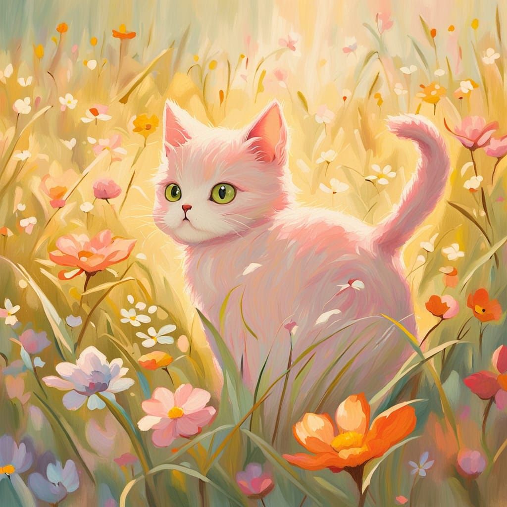 Whimsical Kitty in a Floral Field