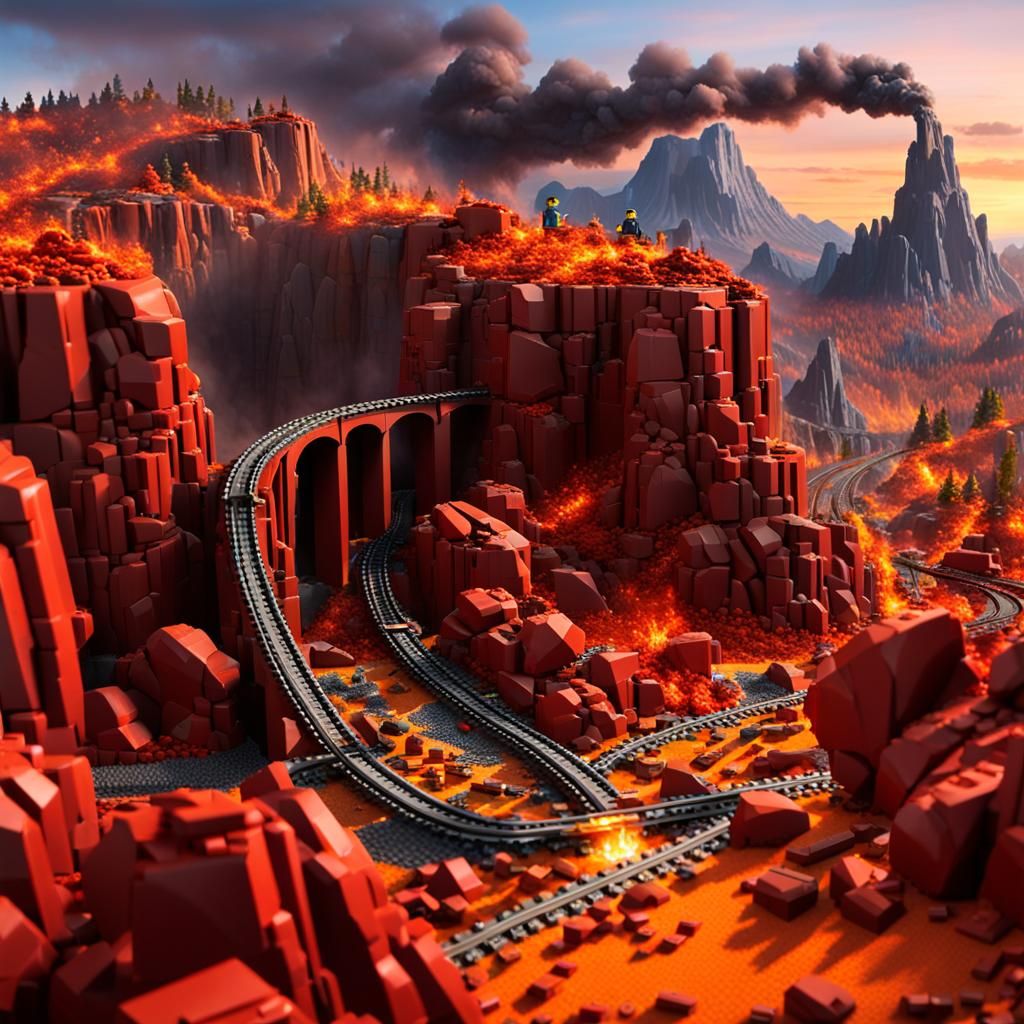 Lego Train Track Through Fiery Rocky Landscape