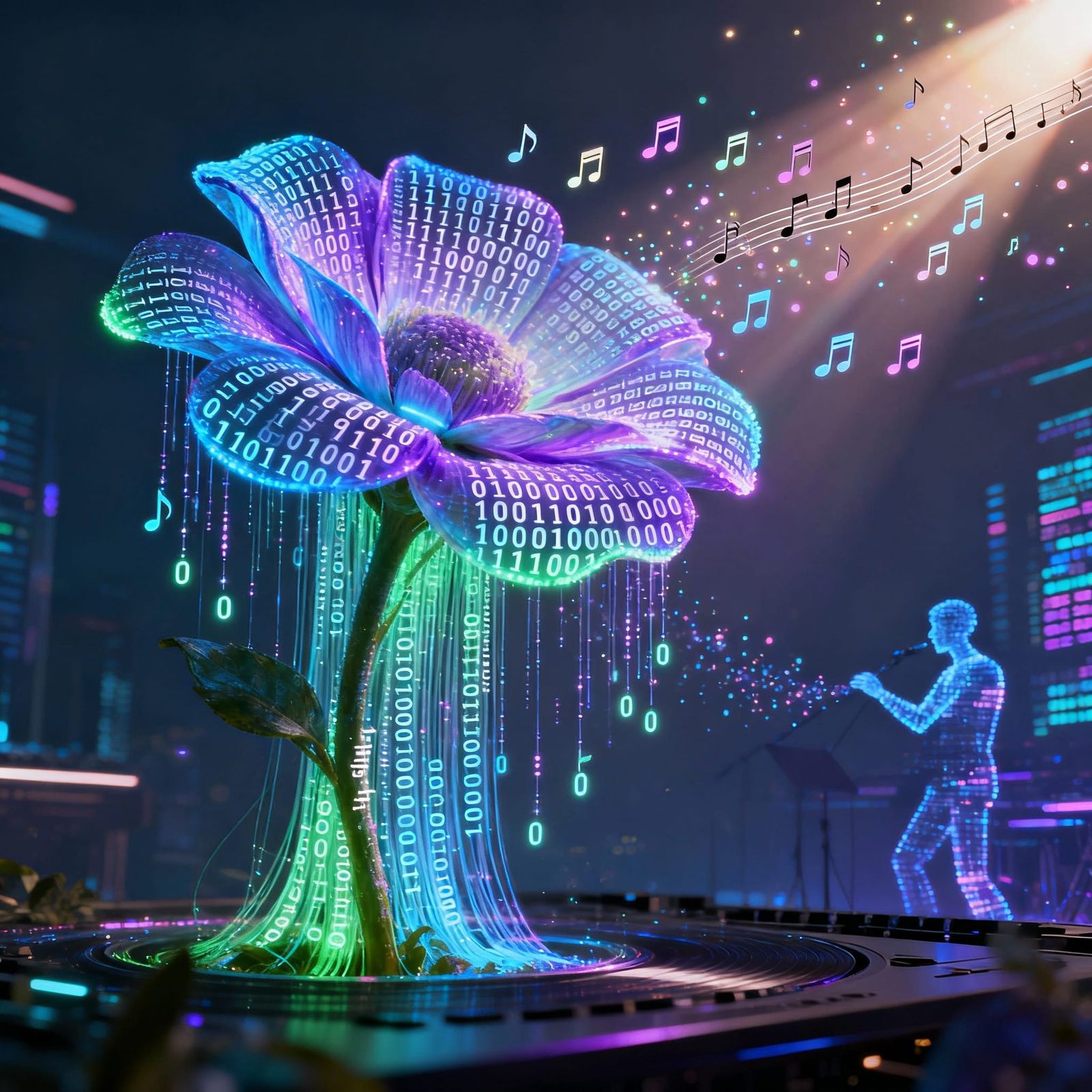 Surreal Digital Flower of Binary Code in Neon Light