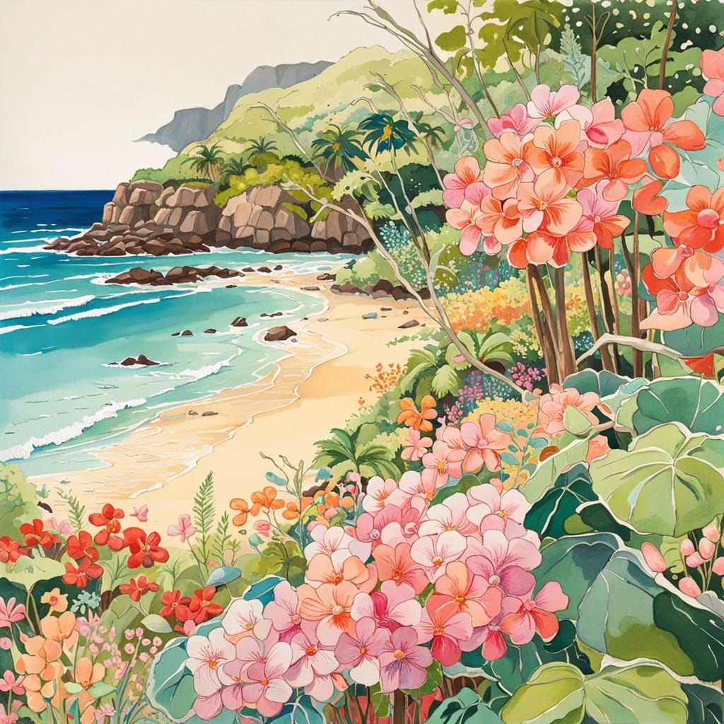 Hawaiian Beach Garden in Liquid Gouache Style