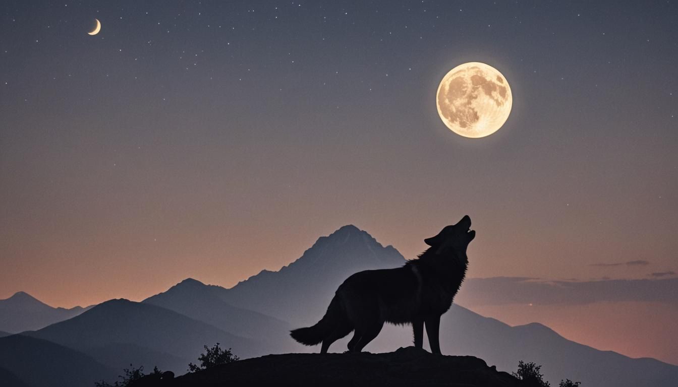Wolf Howling at Moon Silhouette in Mountains