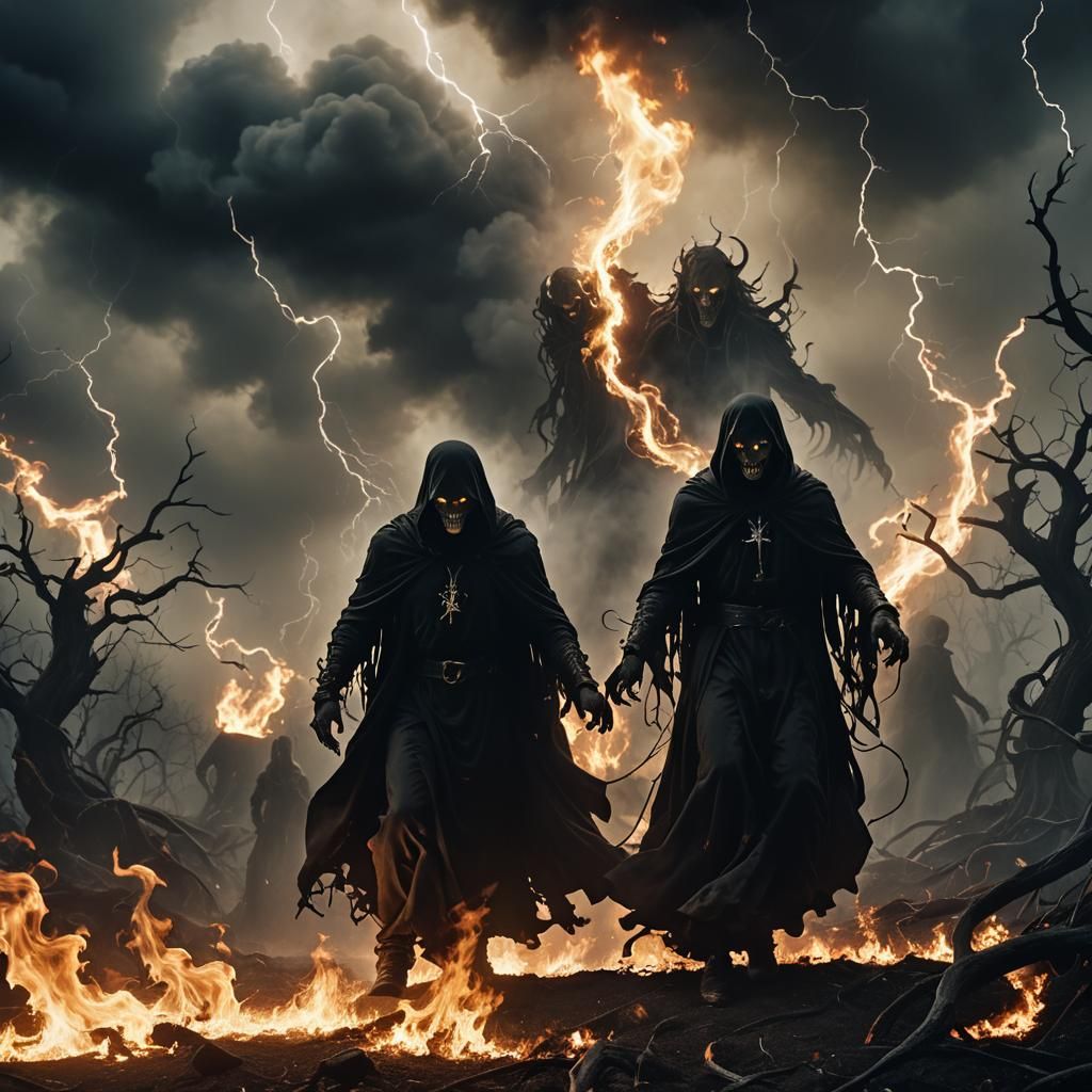 Ghostly Figures Dragging Soul Through Hellish Landscape