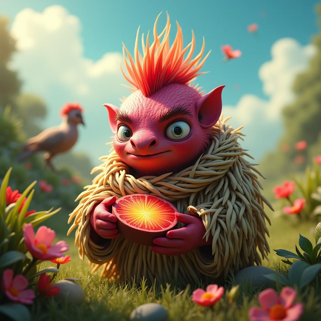 Vibrant, expressive żuraw with a furrowed brow, beet-red fac...