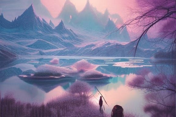 Icy Lake Landscape at Twilight, Photorealistic Style