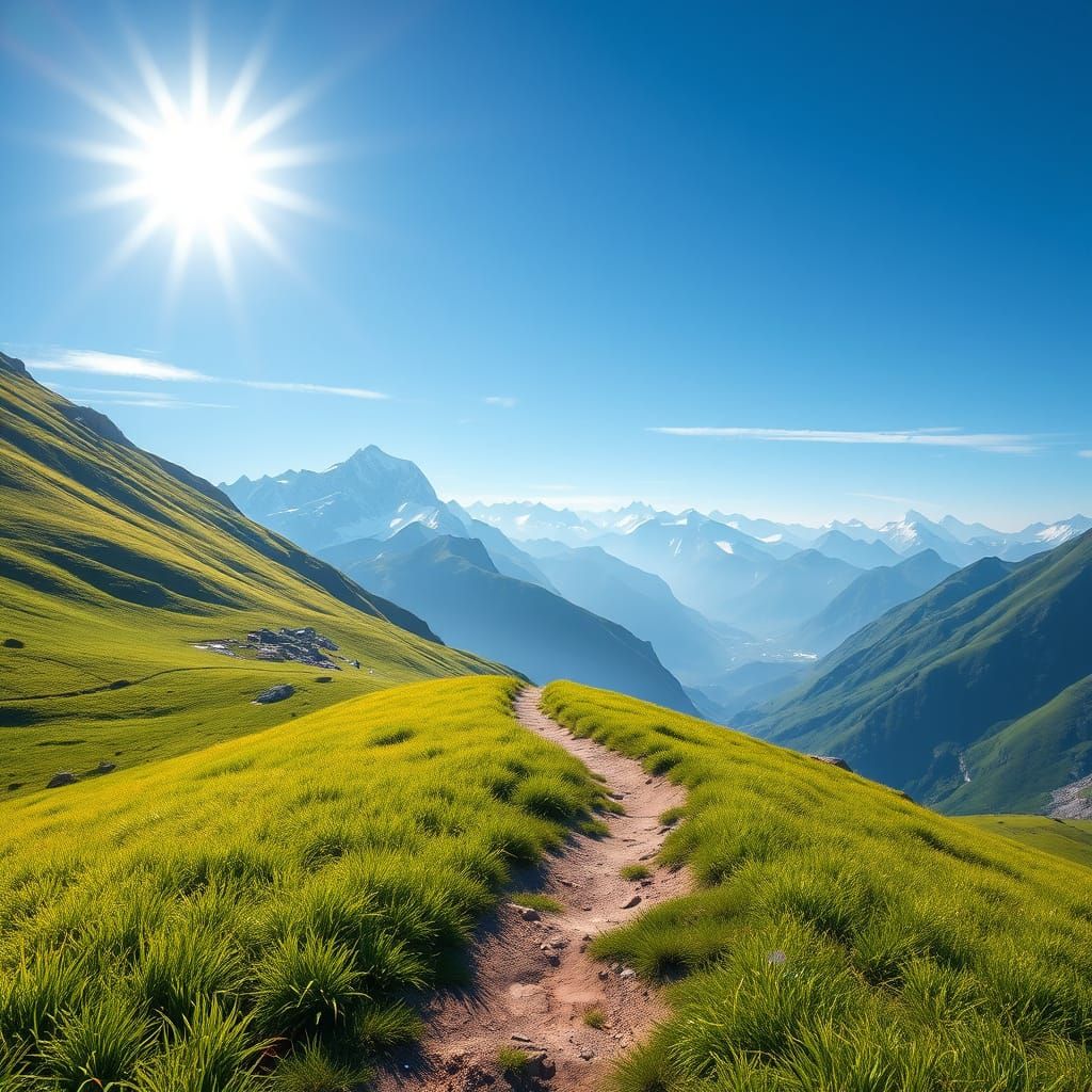 Lush Mountain Path with Snowy Peaks, Digital Art