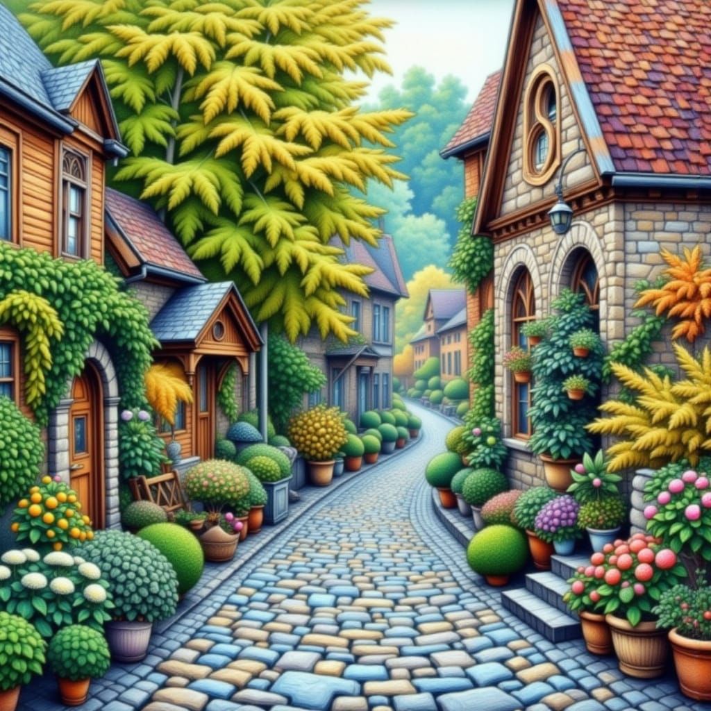 Victorian Town Street Scene in Dreamy Watercolor Style