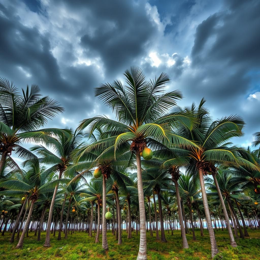 Lush Palm Tree Plantation Under Dramatic Sky in HDR