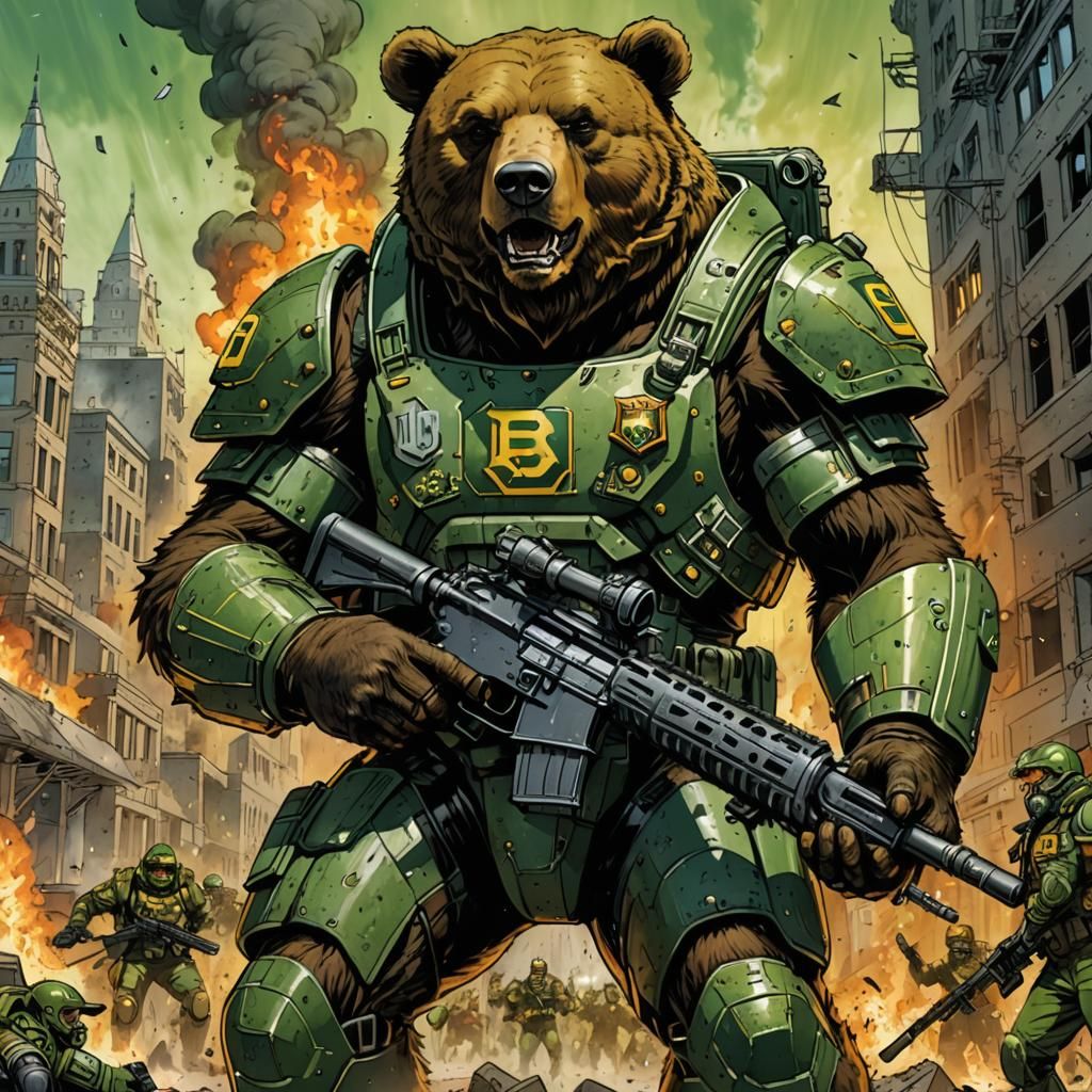 Baylor Bear Sci-Fi Infantry on Battlefield as Comic Art