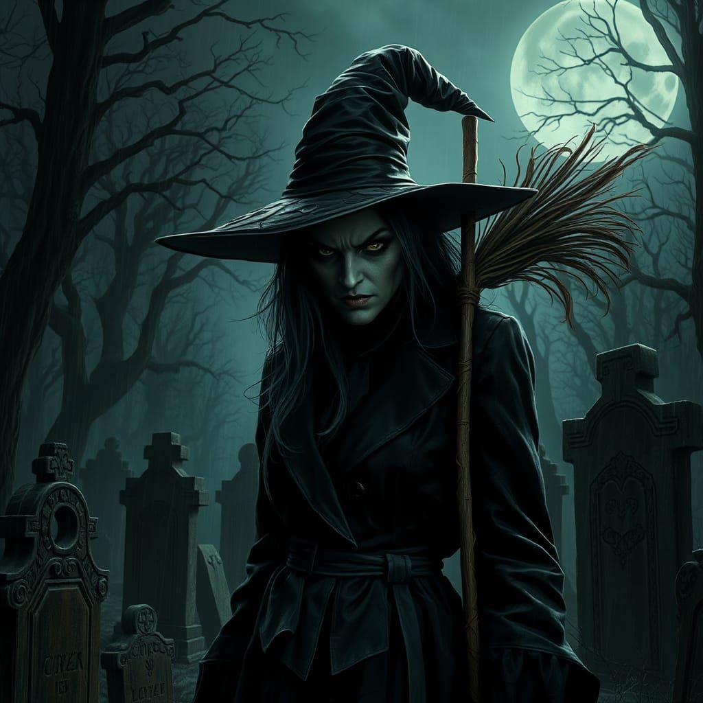 Menacing Witch in Stormy Cemetery: Dark Fantasy Art