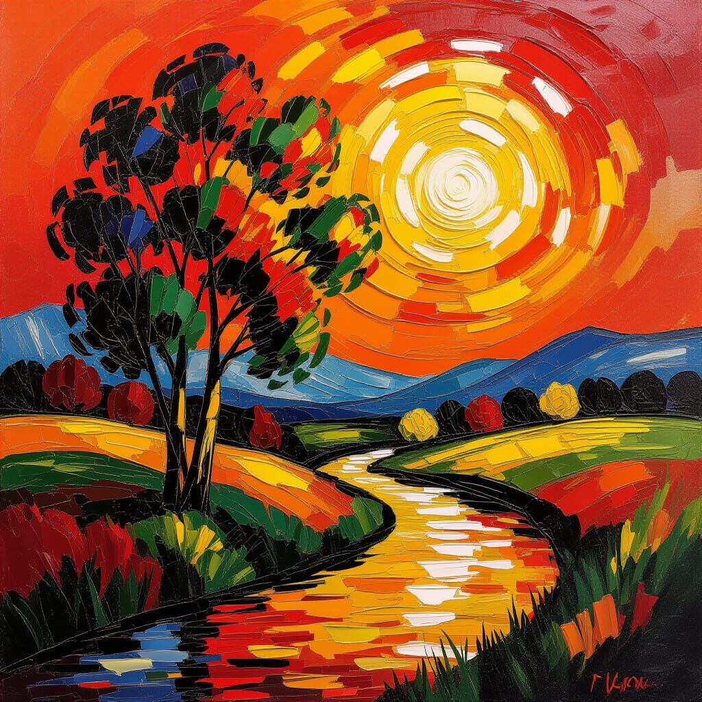 Vibrant Impasto Landscape Tree Painting