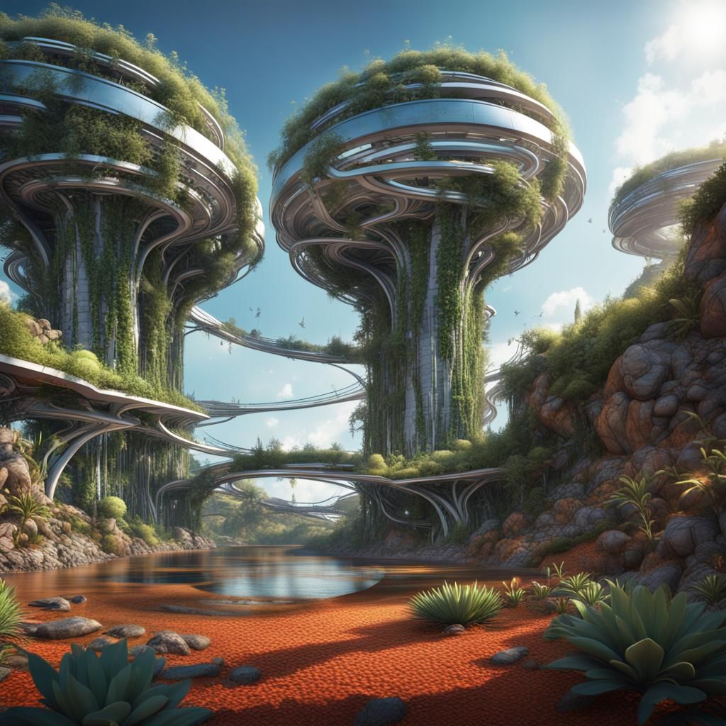 Lush Plants Cover Floating High-Tech Structures