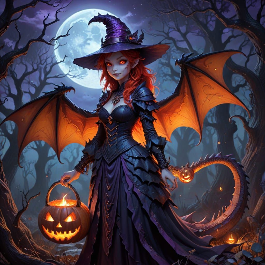 Friendly Red Dragon in Witch Costume with Jack-o'-lantern