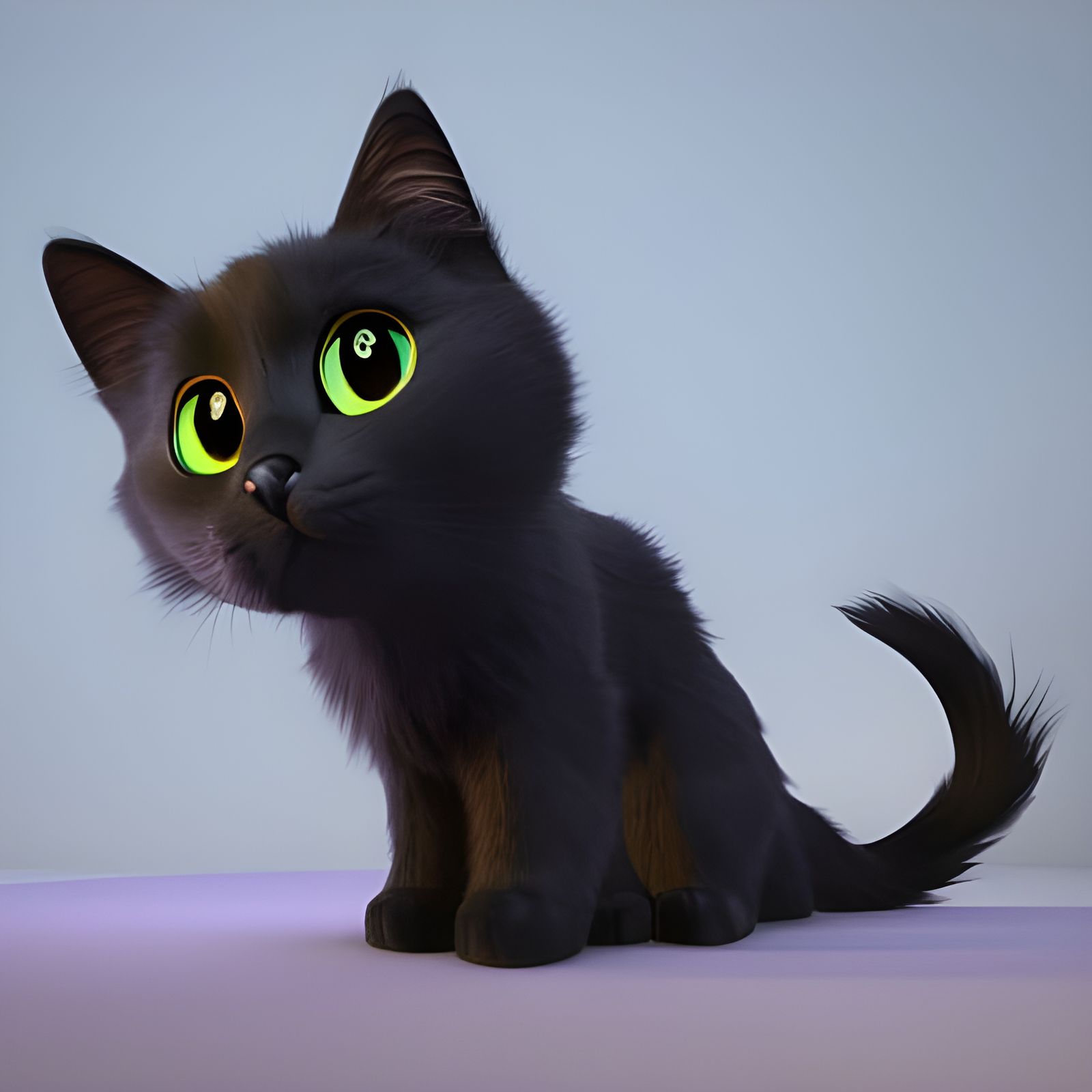 Happy Black Norwegian Cat with Butterfly in Pixar Style