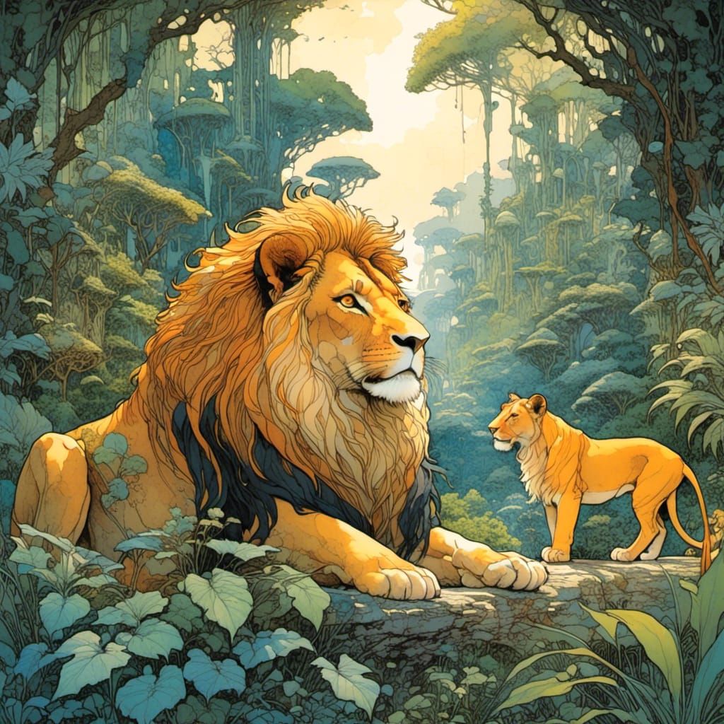 Lion Asleep in Jungle: Intricate Ink Illustration