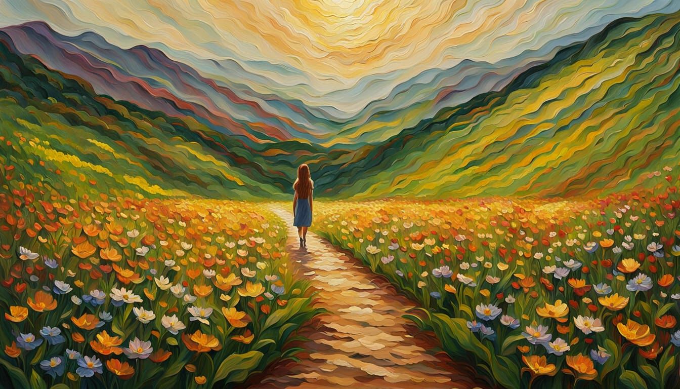 Woman Walks Through Valley of Wildflowers as Oil Painting