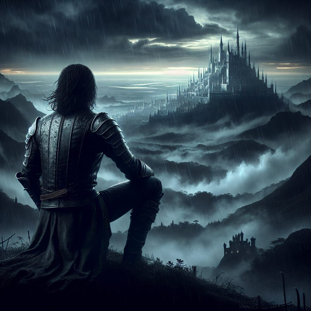 Dark Fantasy Landscape with Distant Castle