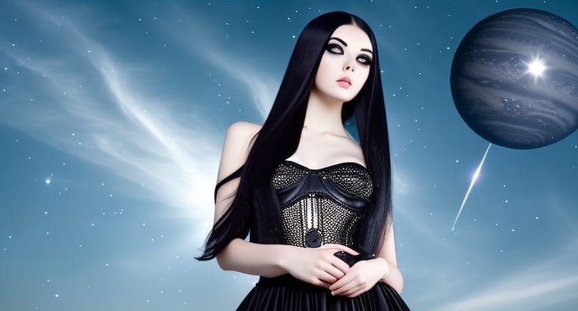 Gothic Girl Stargazing at Surreal Planet in Cyberpunk Style
