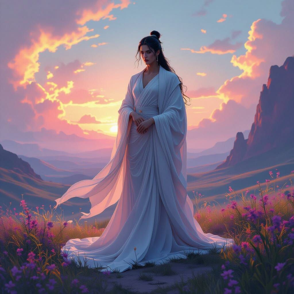 Ethereal Mythic Figure in Dreamlike Landscape