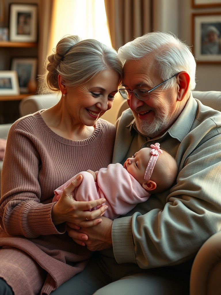 Grandparents Adore Newborn Grandchild in Golden Light