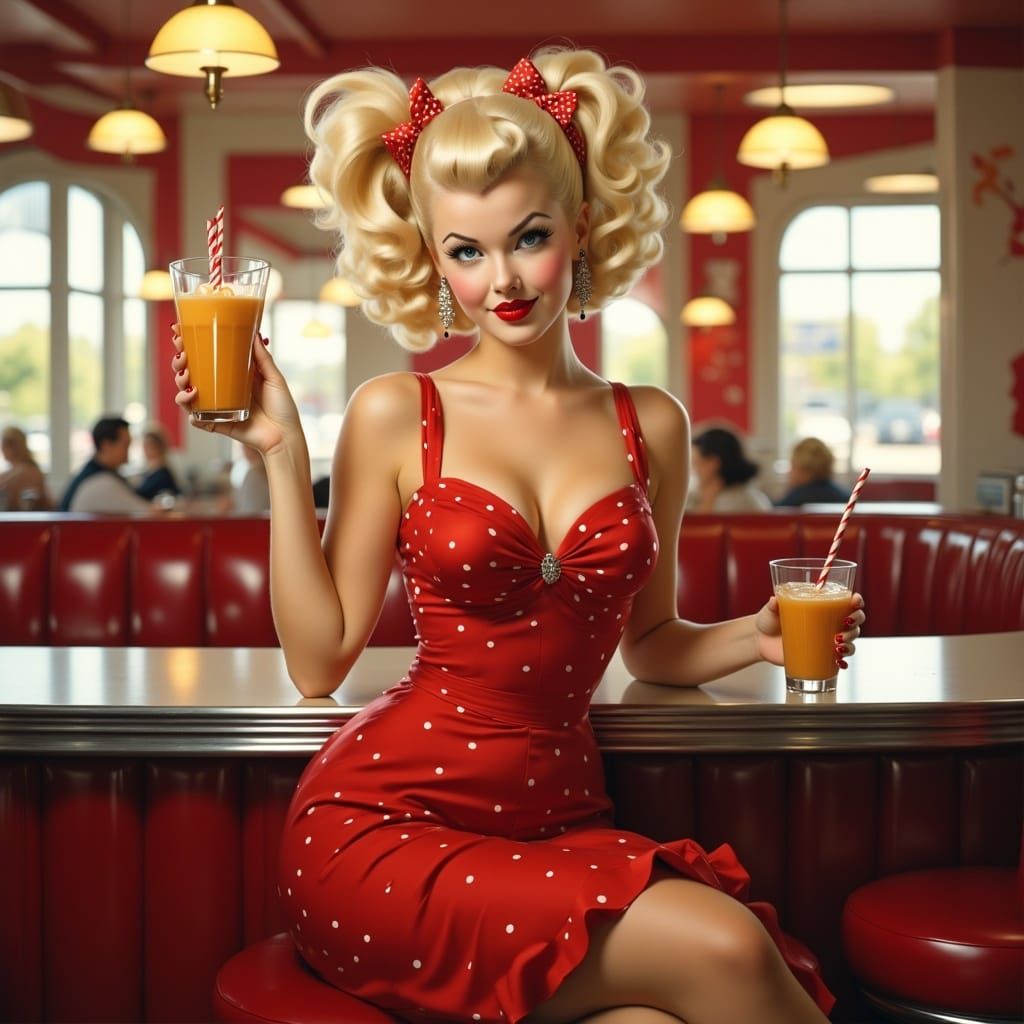 Blonde Pin-Up Girl in Soda Shop, Hyperrealistic Style