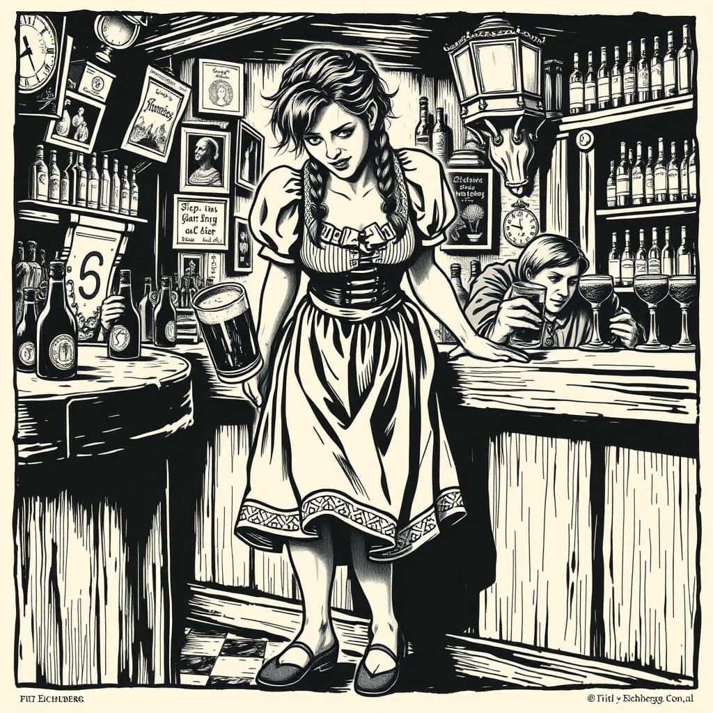 Drunk Barmaid in Bavarian Dirndl, German Expressionist Style