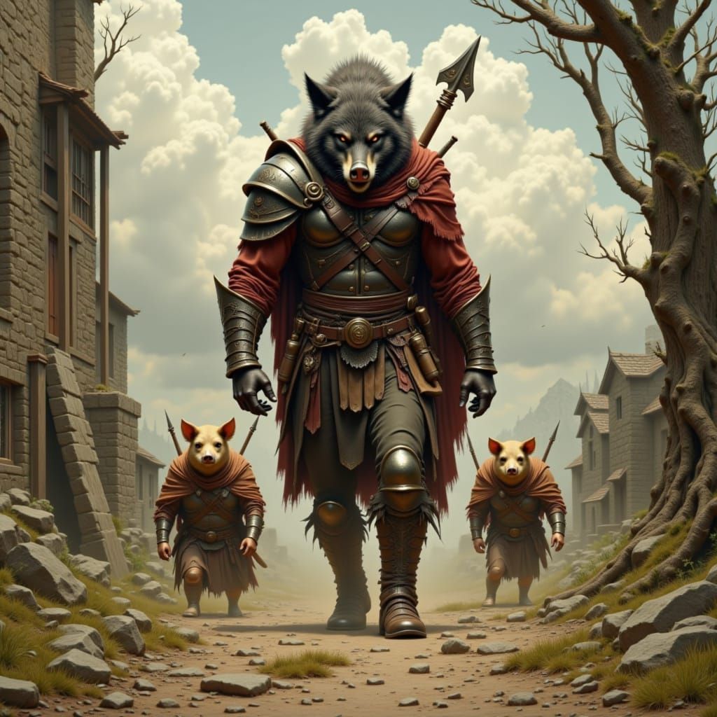 Wolf Barbarian Leads Pig Soldiers in Grimdark Style
