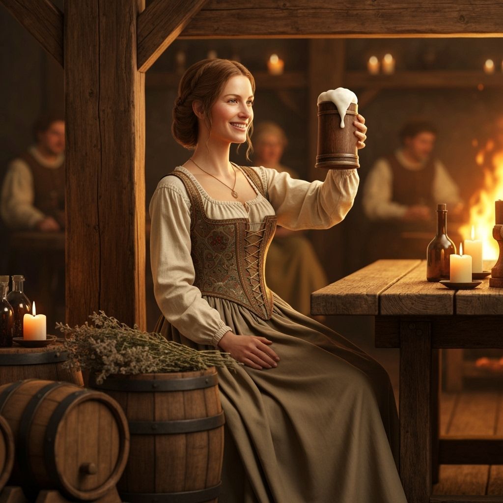Medieval Woman Cheers with Foamy Tankard by Firelight