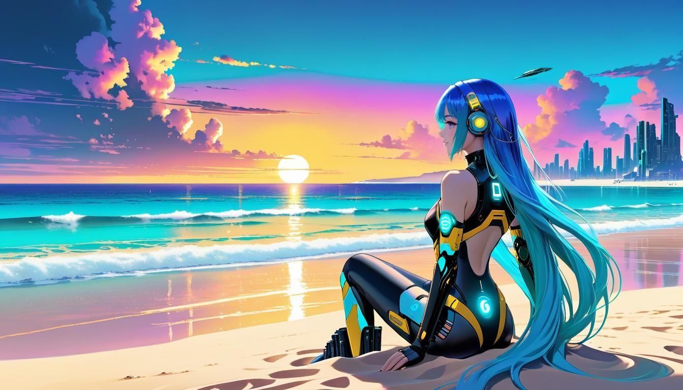 Cyberpunk Anime Girl on Futuristic Beach at Sunset