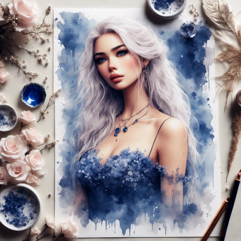 Sapphire Watercolor Portrait with 3D Effects