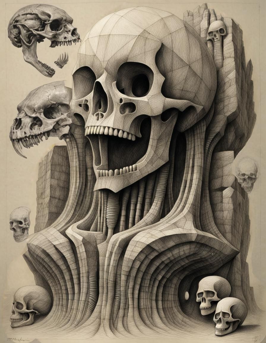 Geometric Rock Skull Pencil Sketch in Academic Art Style