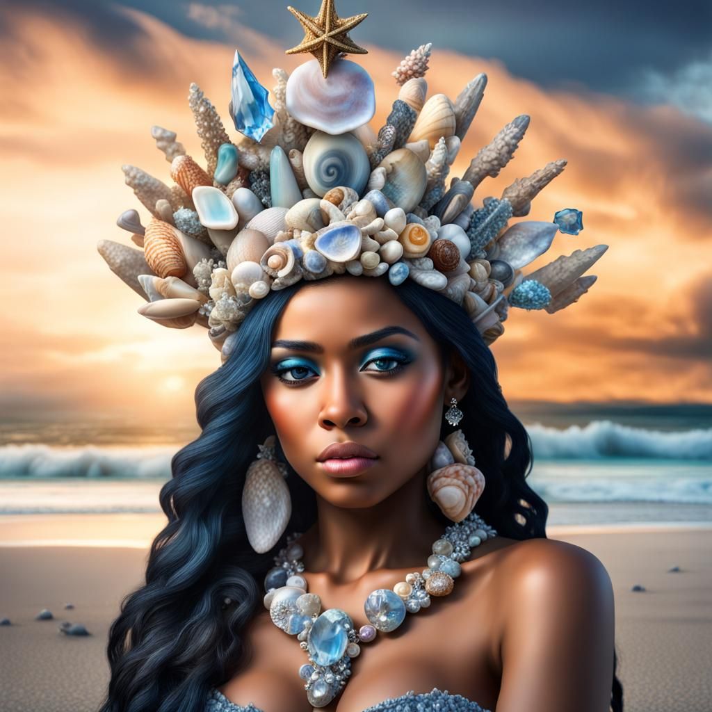 Yemaya with Seashell Crown on Crystal Beach