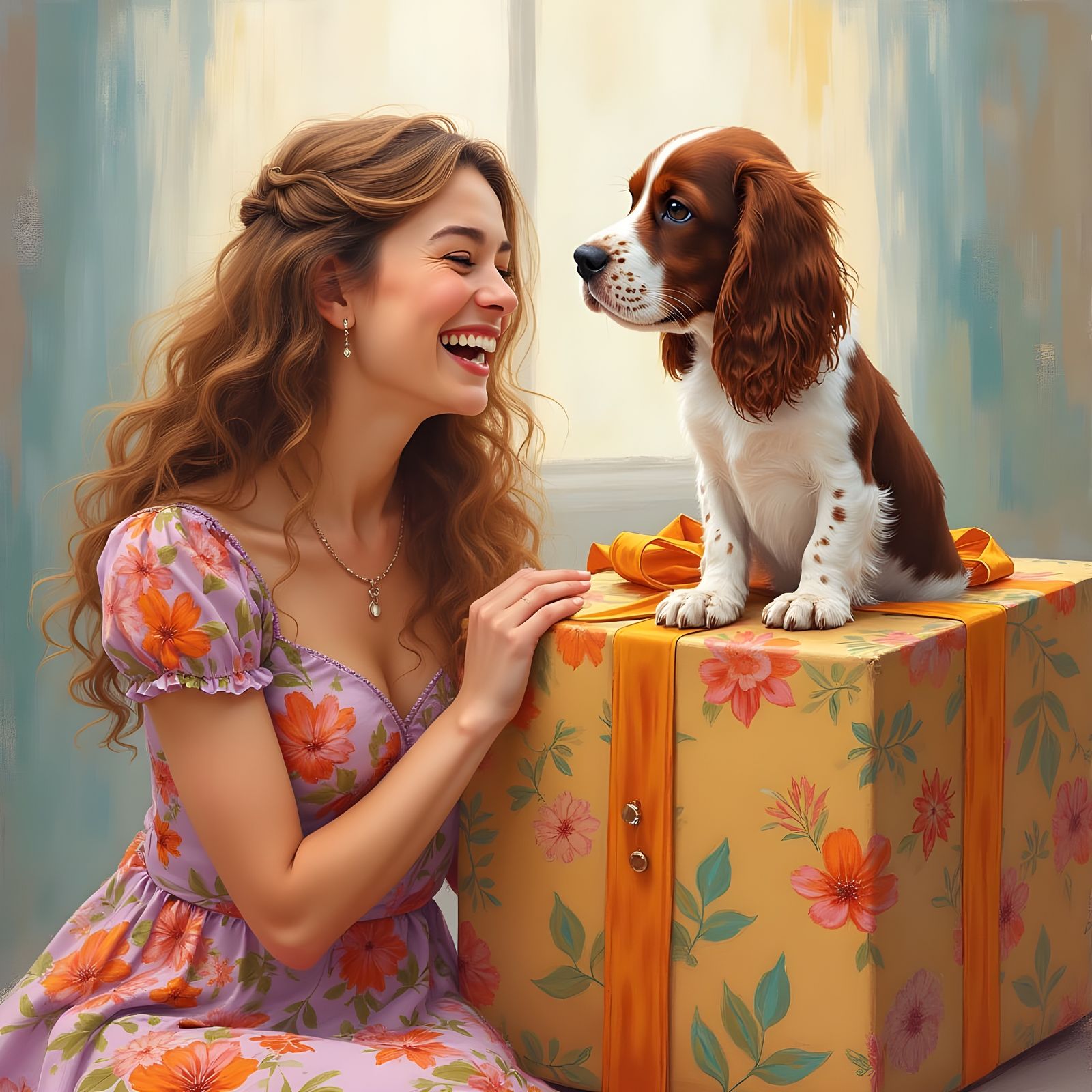 Joyful Family Moment with English Spaniel Puppy