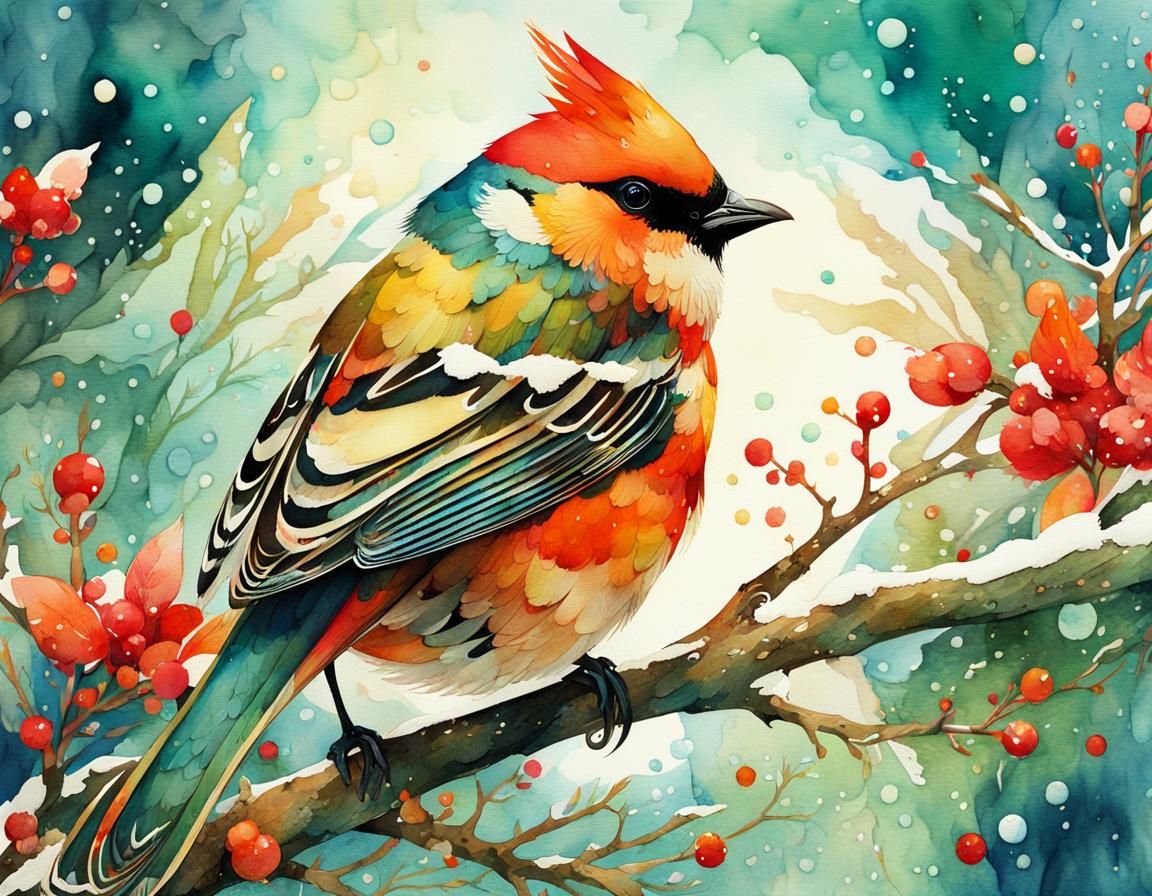 Watercolor Winter Birds with Ornate Details