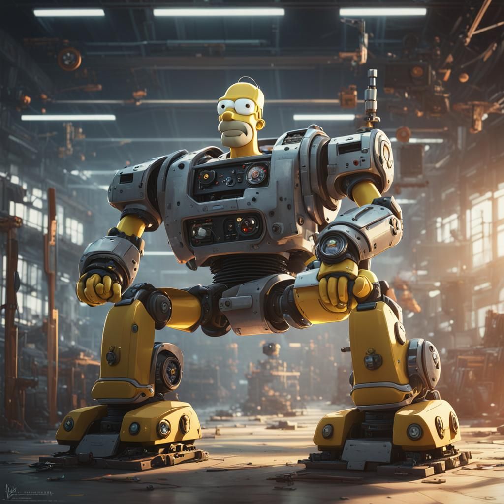 Homer Simpson and Robot Companion in Anime Style