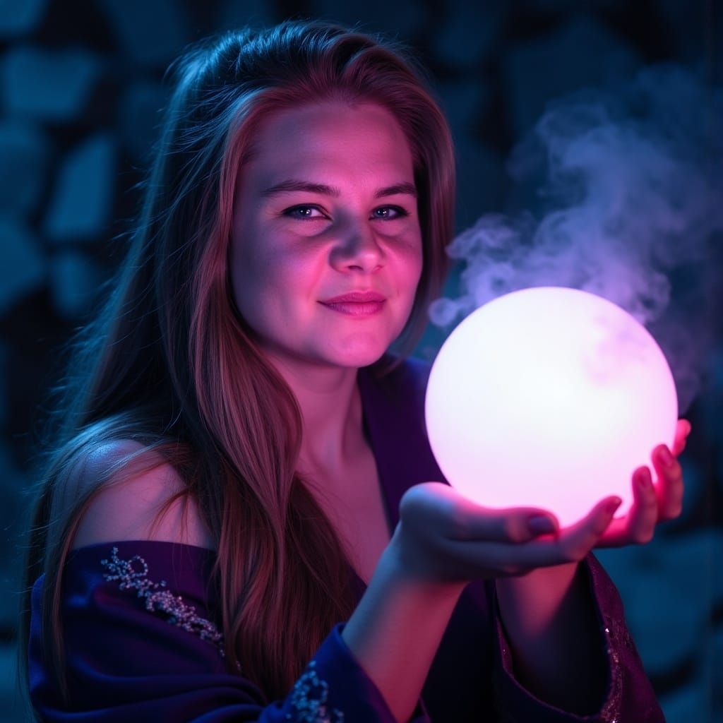 Sorceress Gazing into Crystal Ball in Mystic Chamber